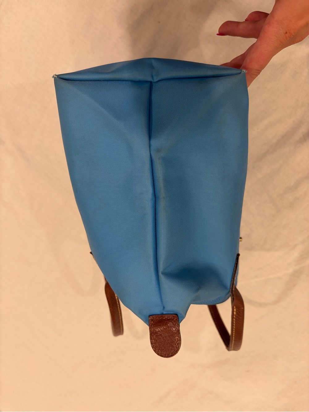 Longchamp Le Pliage S Blue Nylon Satchel with Brown Leather Trim - Picture 12 of 13
